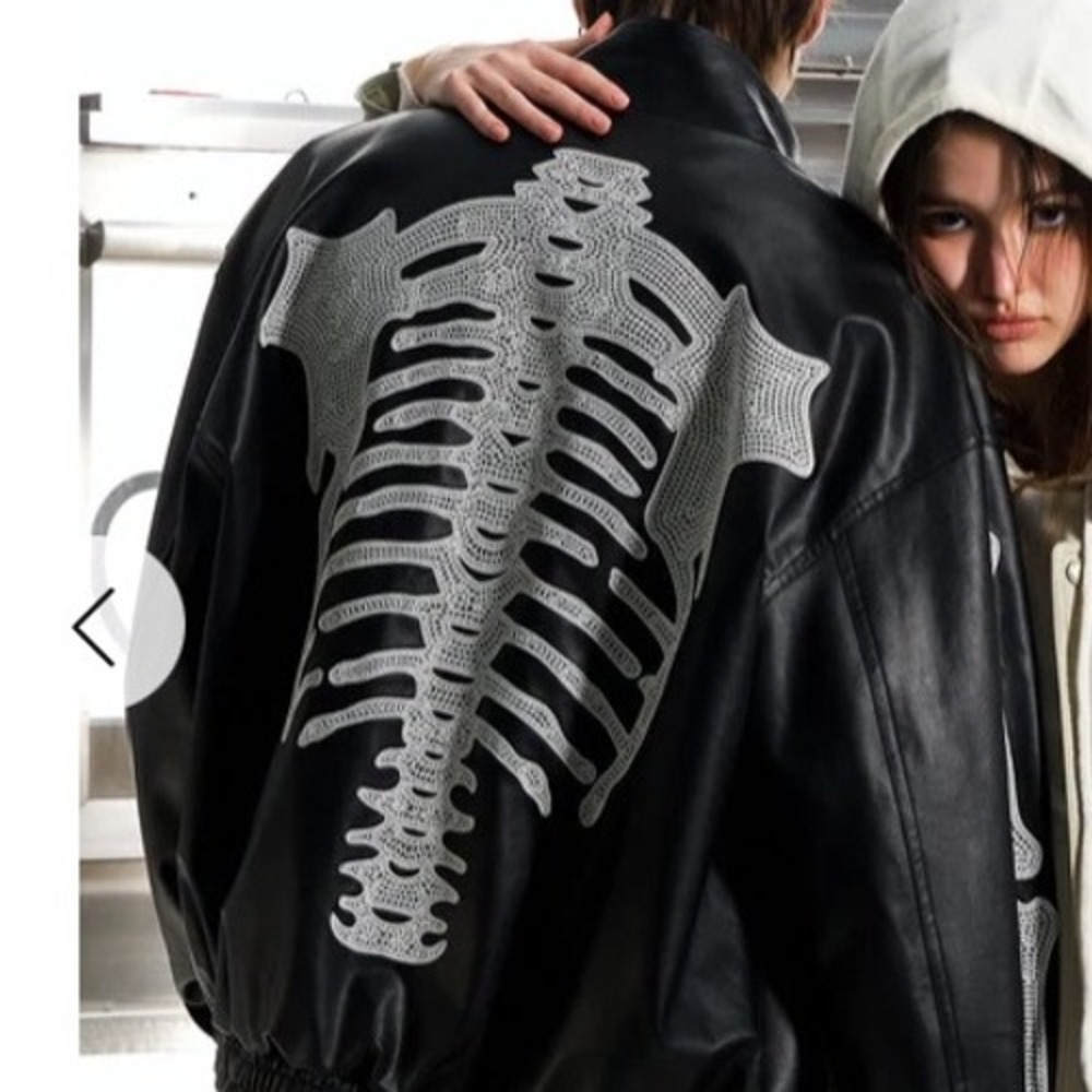 Beaster Black Faux Leather Skeleton Embroidered Vintage Jacket M‎ New With Tags